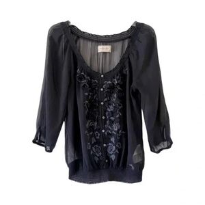 Abercrombie & Fitch | Ink Blue Embroidered 3D Floral Gauzy Blouse, Large